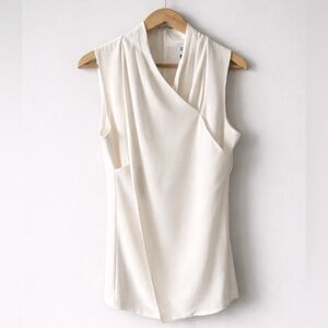 CABI Ivory Faux Wrap Tulip Hem Blouse High Neck Sleeveless Office Modern US 10